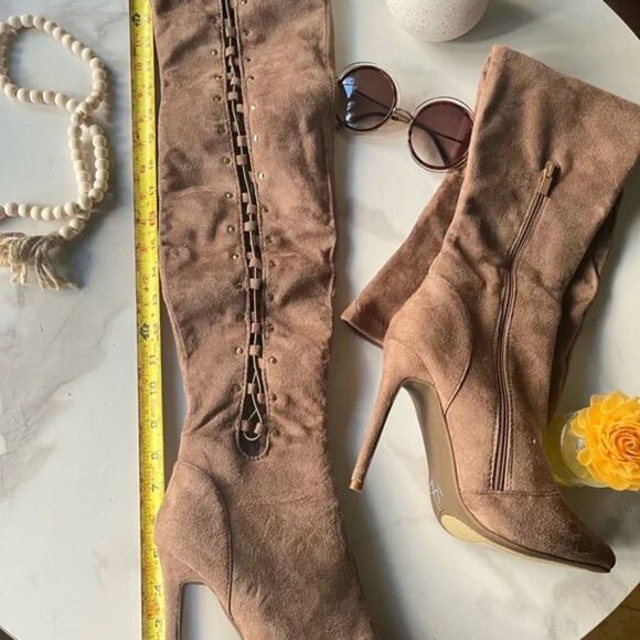 Vintage Camel Suede High Heel Over the Knee Boots Lace Up Back Side Zip 9 - Picture 6 of 11